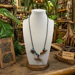 Vintage Hand Carved‎ Wood Animal Pendant Necklace Adjustable Tribal Boho Artisan